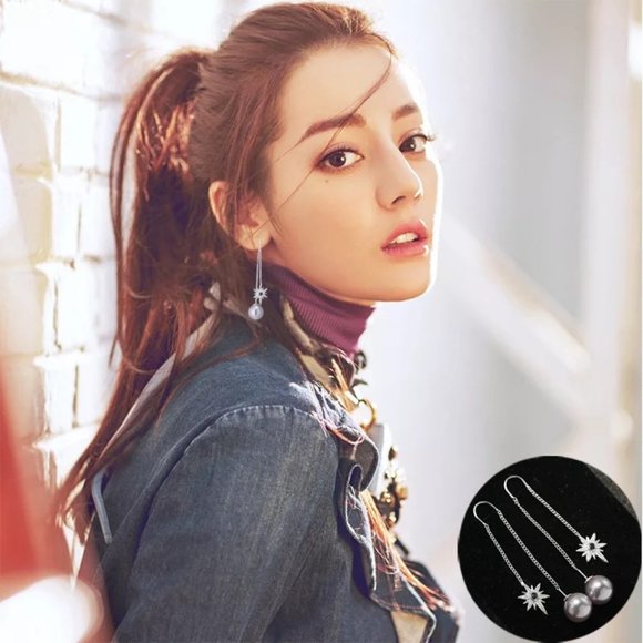 14k Gold Shell Pearl Diamonds Threader Star Earrings Sterling Silver - Picture 5 of 9